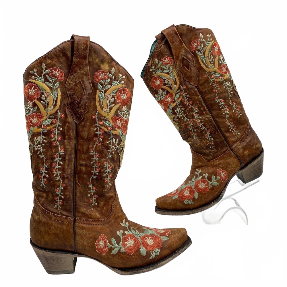 Corral Heeled Boots | Western Embroidered Floral | Women's 8.5 Brown
